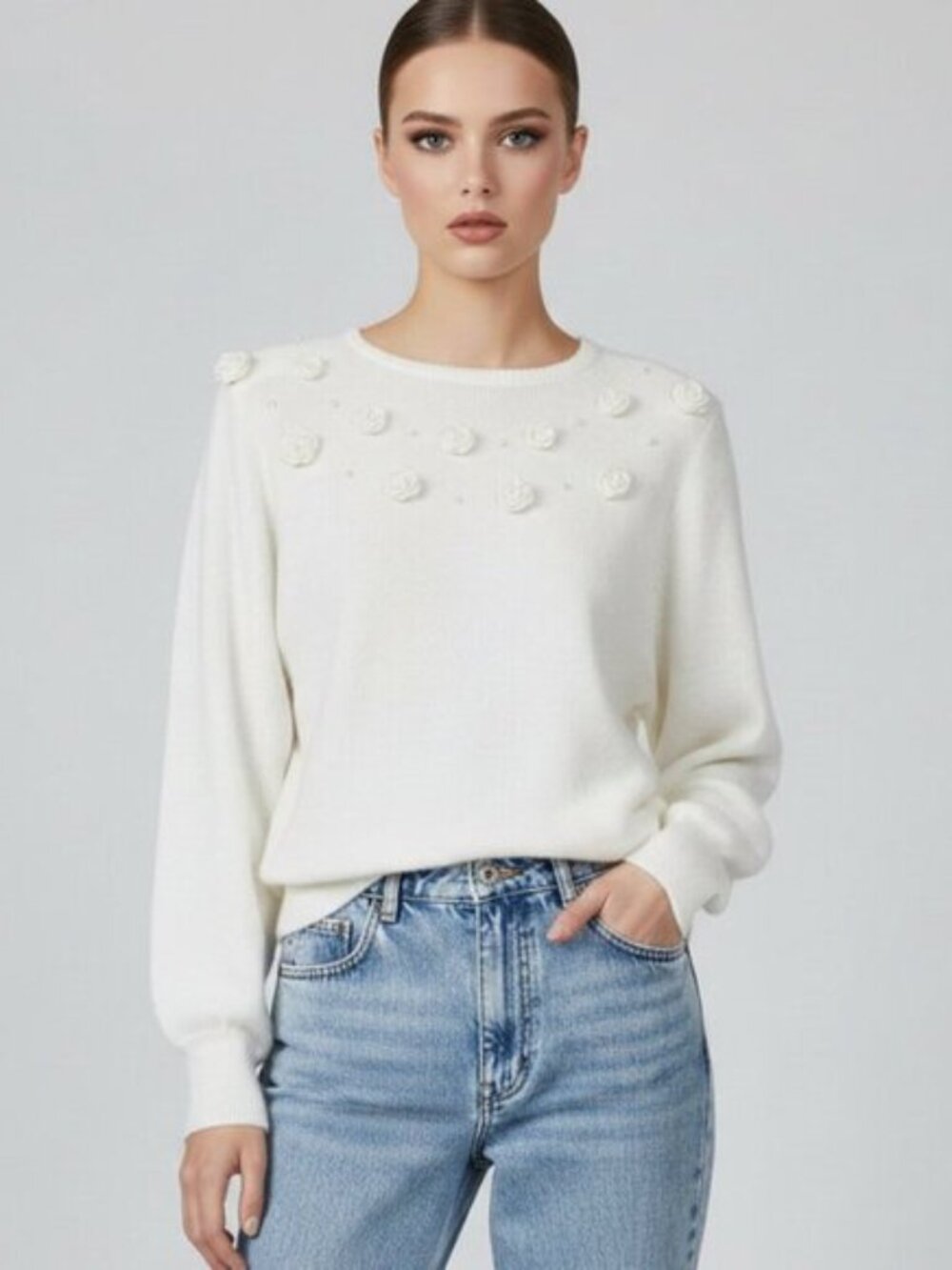 Avenida Vintage Beaded Rosette Knit Sweater